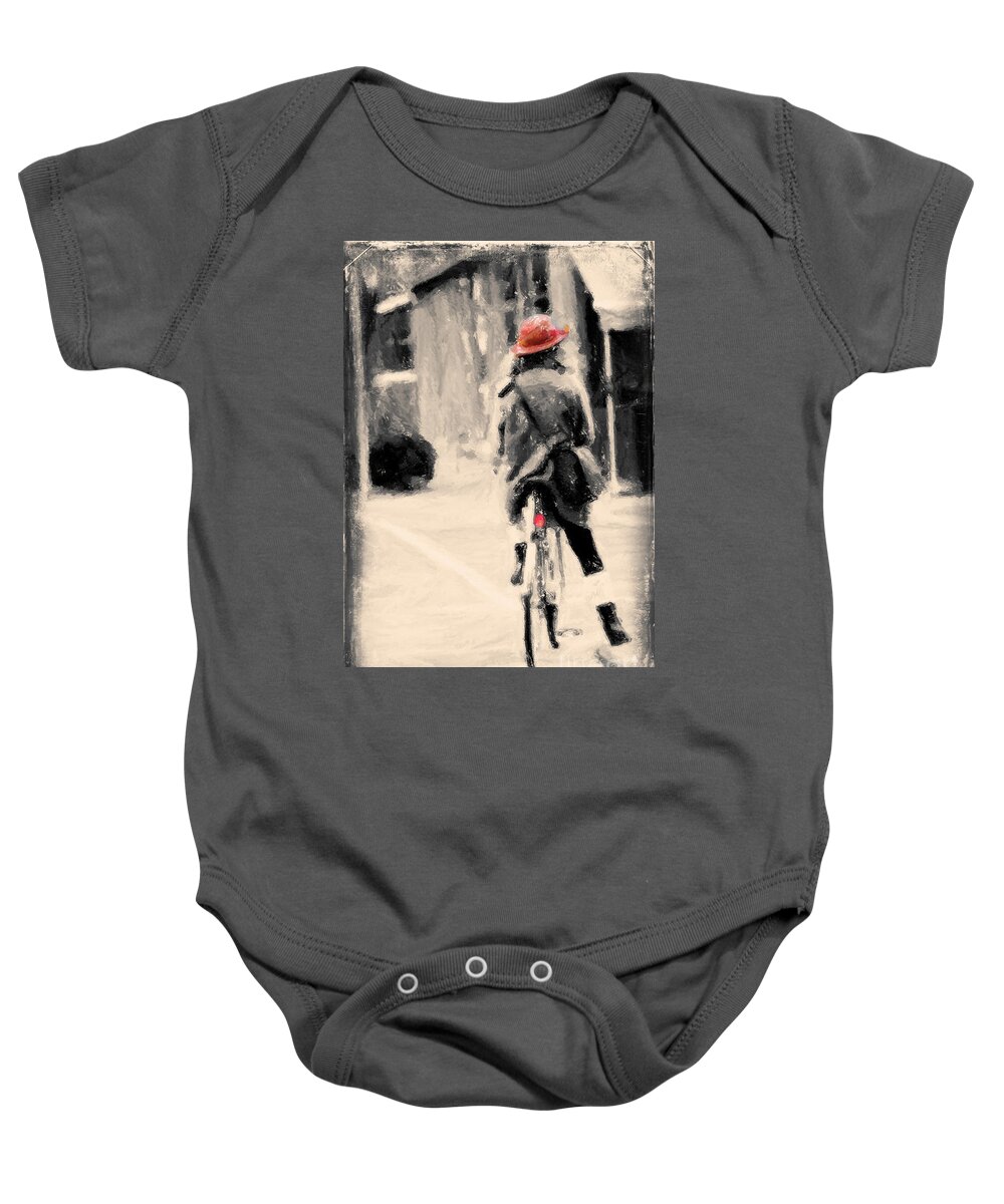 Vintage Baby Onesie featuring the painting Riding my Bicycle in a Red Hat by Chris Armytage