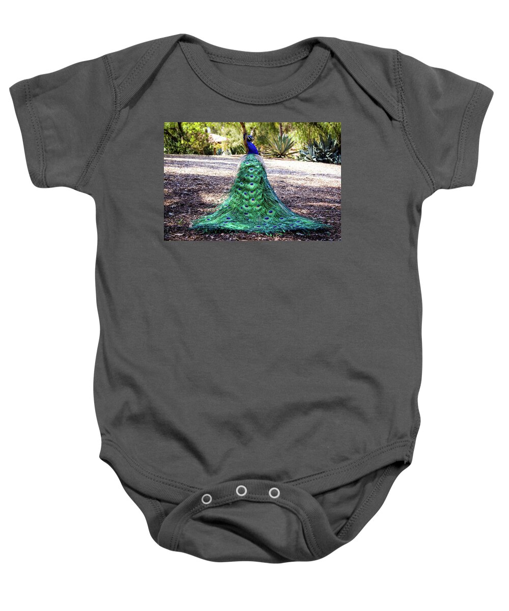 Peacock Baby Onesie featuring the photograph Right Behind You by Alison Frank