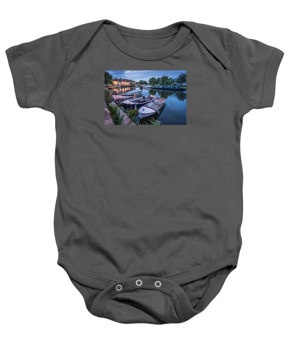 Barge Baby Onesie featuring the photograph Riverside by night by James Billings