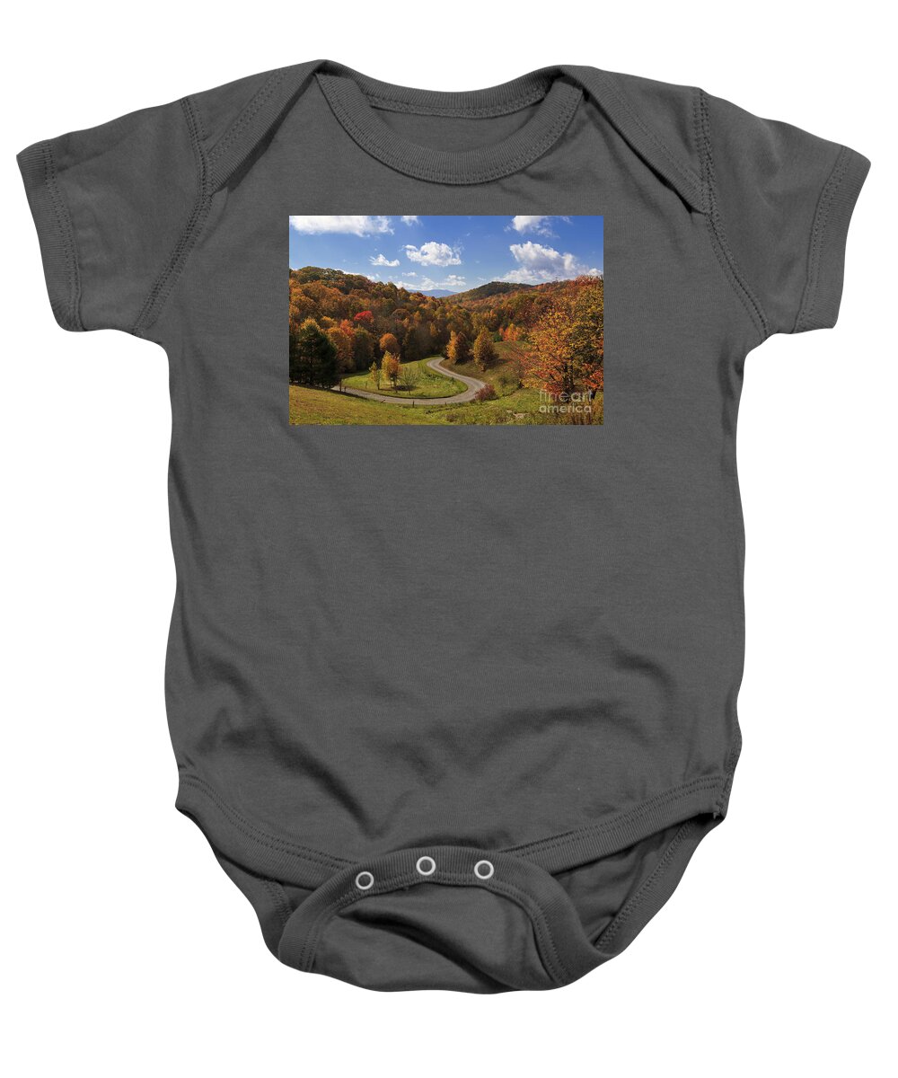 View Baby Onesie featuring the photograph Road in the Fall Mountains by Jill Lang