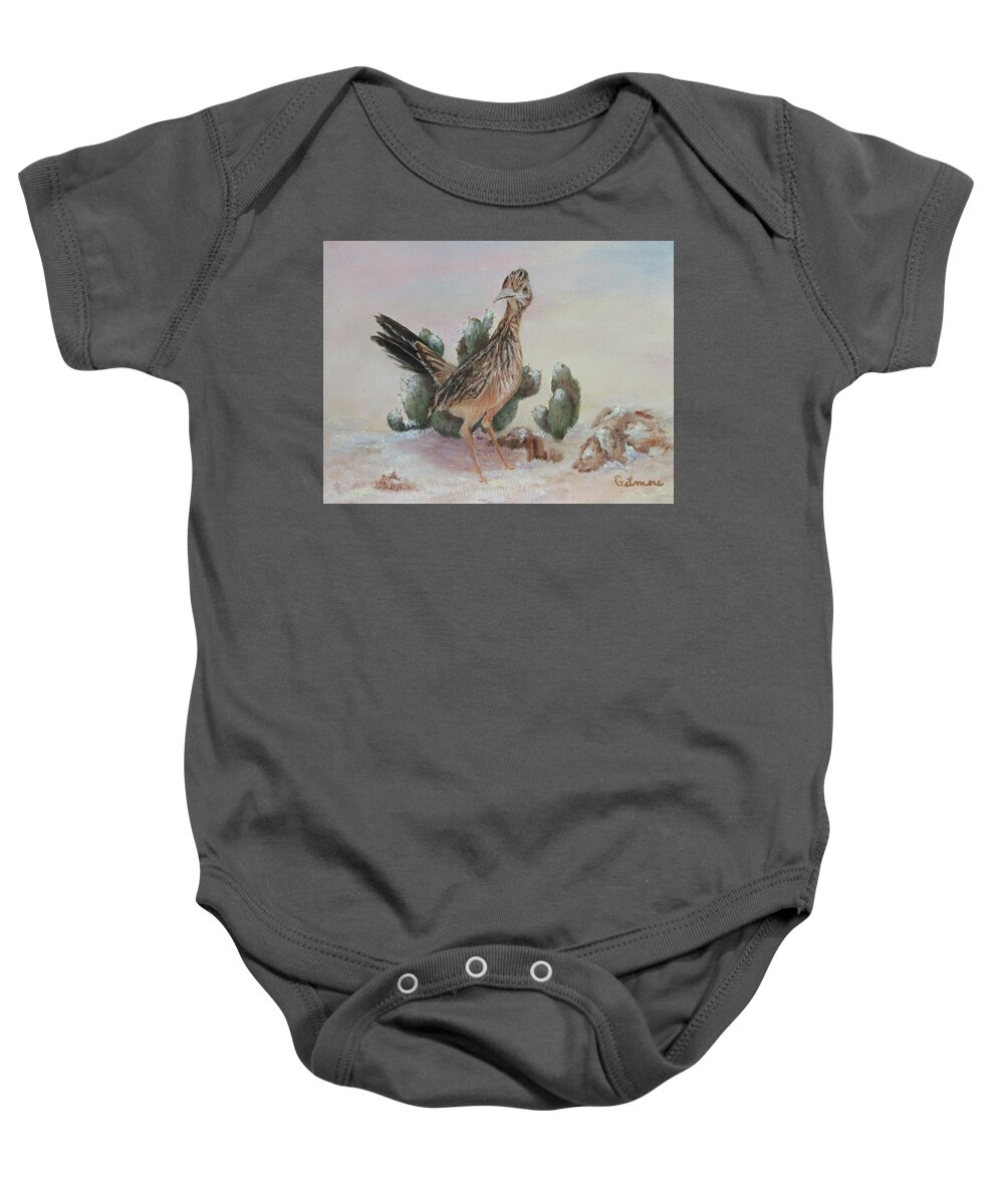 Nature Baby Onesie featuring the painting Roadrunner in Snow by Roseann Gilmore