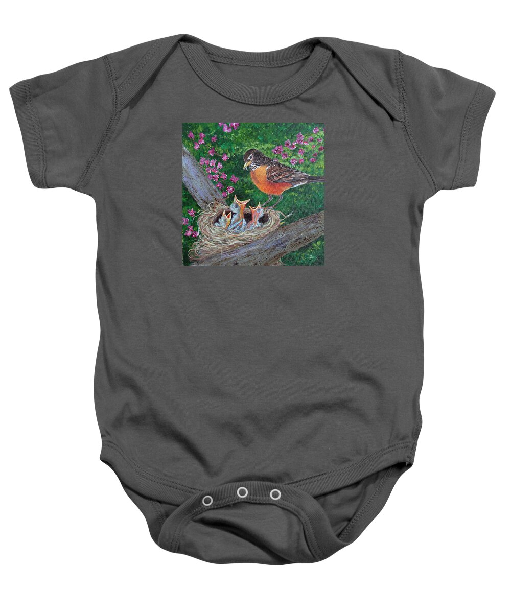 Robin Baby Onesie featuring the painting Robin Family by Dee Carpenter
