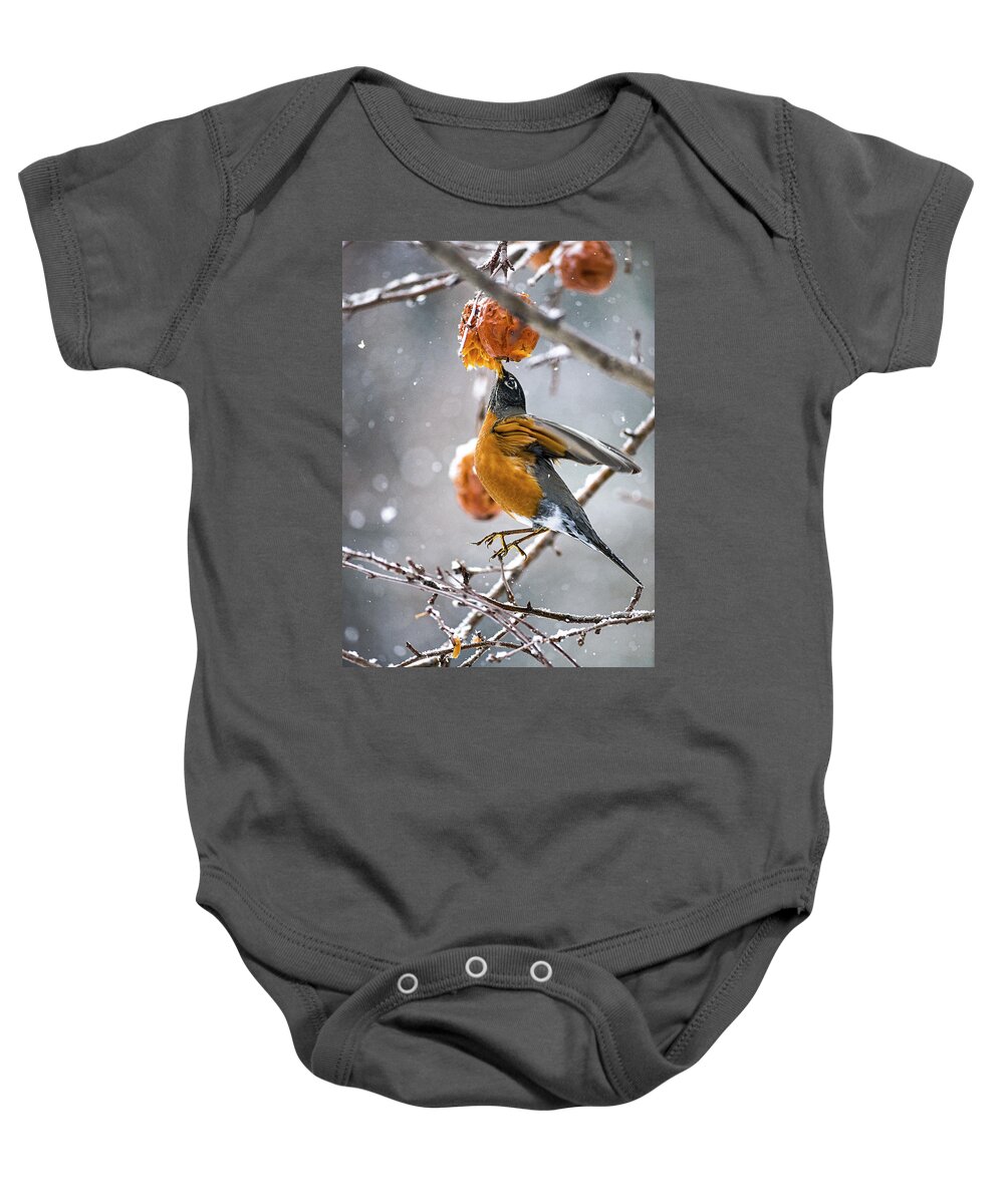 Robin Red Breast Baby Onesie featuring the photograph Robin Hanging In There by Marty Saccone