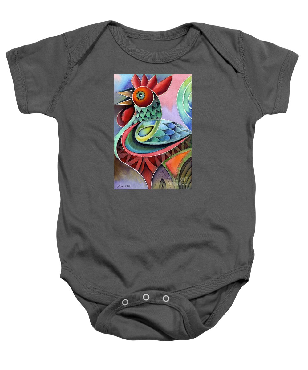 Rooster Abstract Baby Onesie featuring the painting Rooster by Karin Zeller