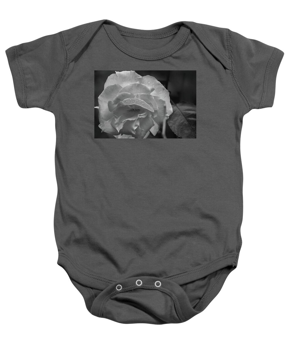 Kelly Hazel Baby Onesie featuring the photograph Rose in Black and White by Kelly Hazel