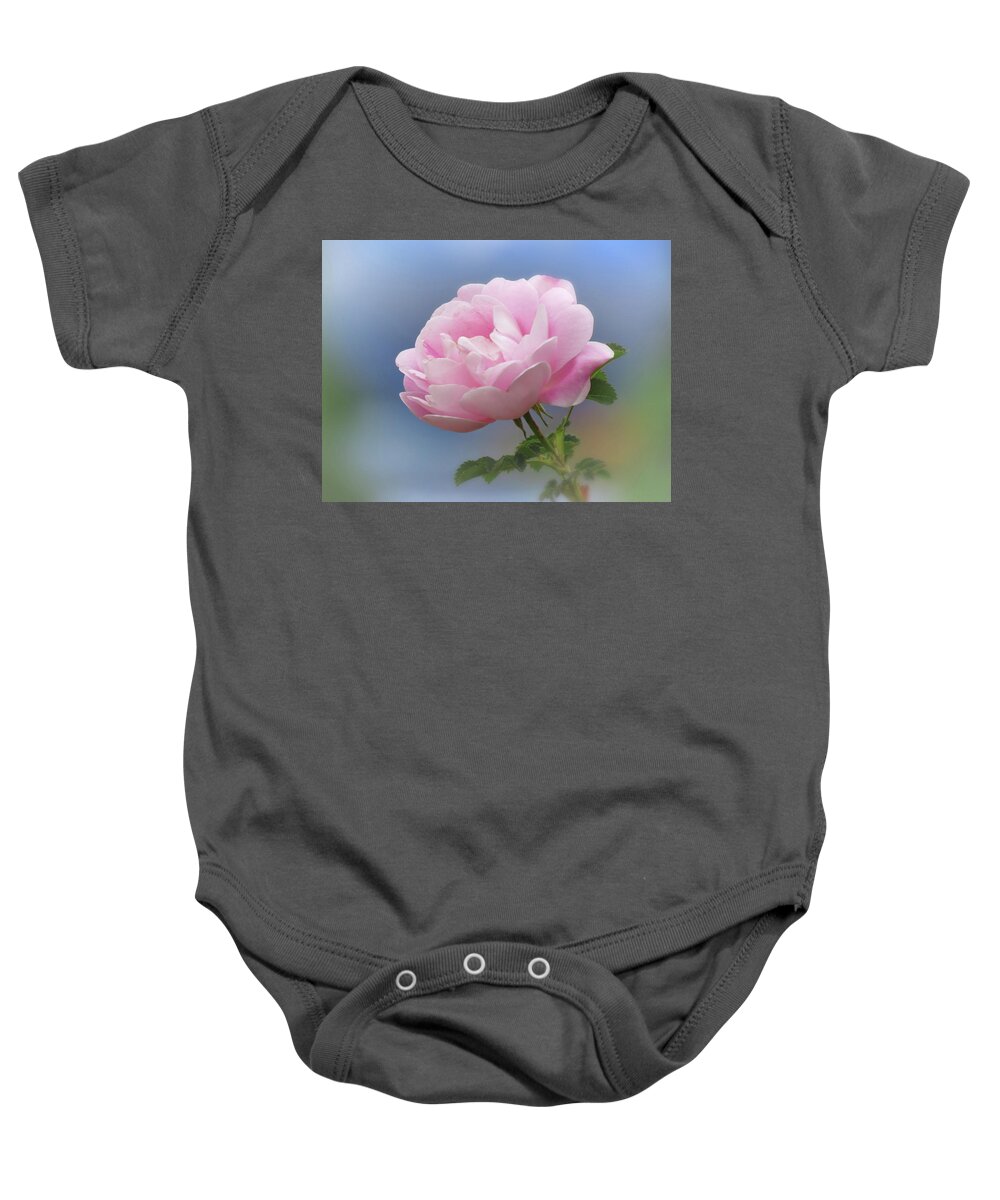 Rose Baby Onesie featuring the photograph Rose Pink on Blue by MTBobbins Photography