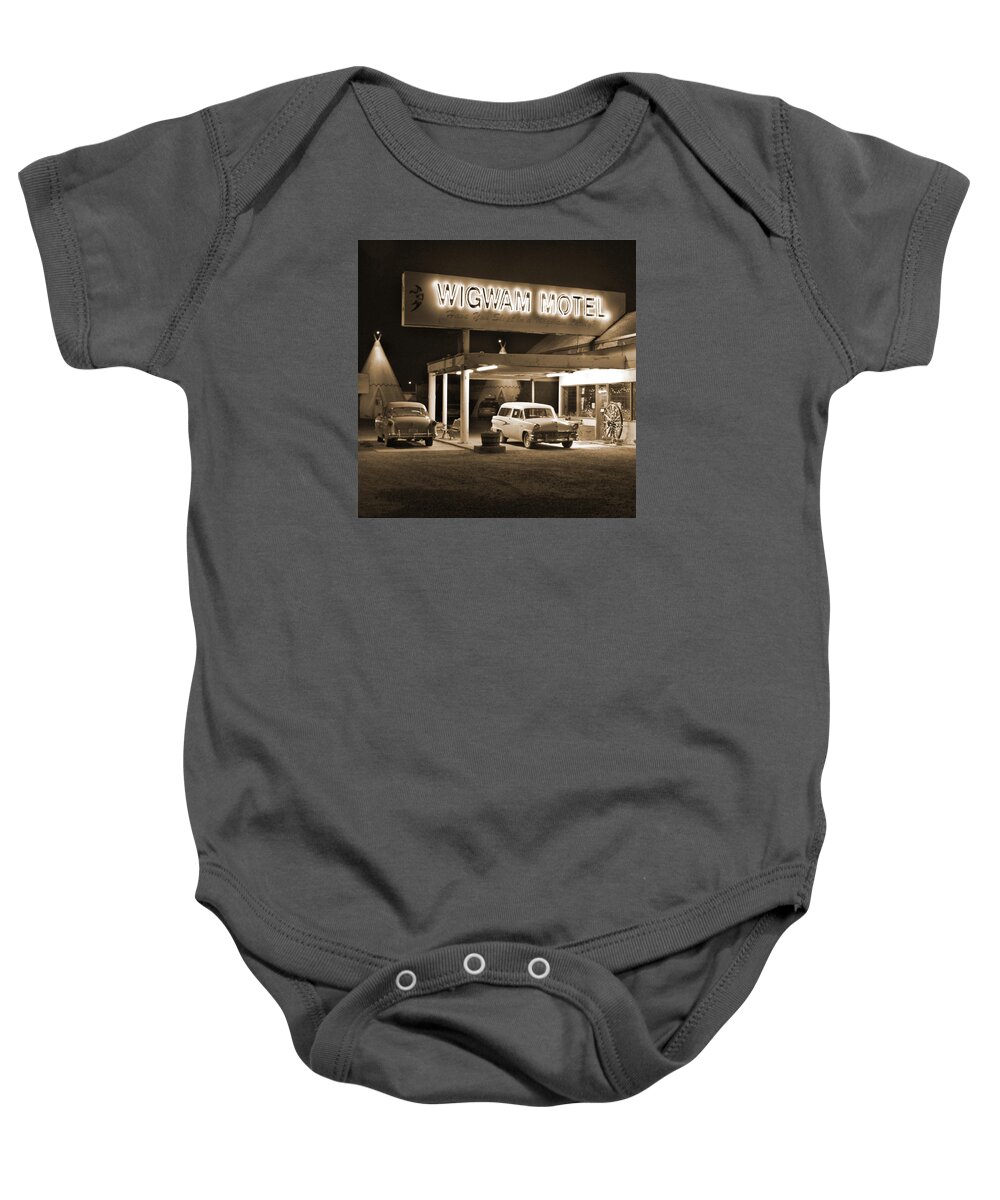 Tee Pee Baby Onesie featuring the photograph Route 66 - Wigwam Motel by Mike McGlothlen