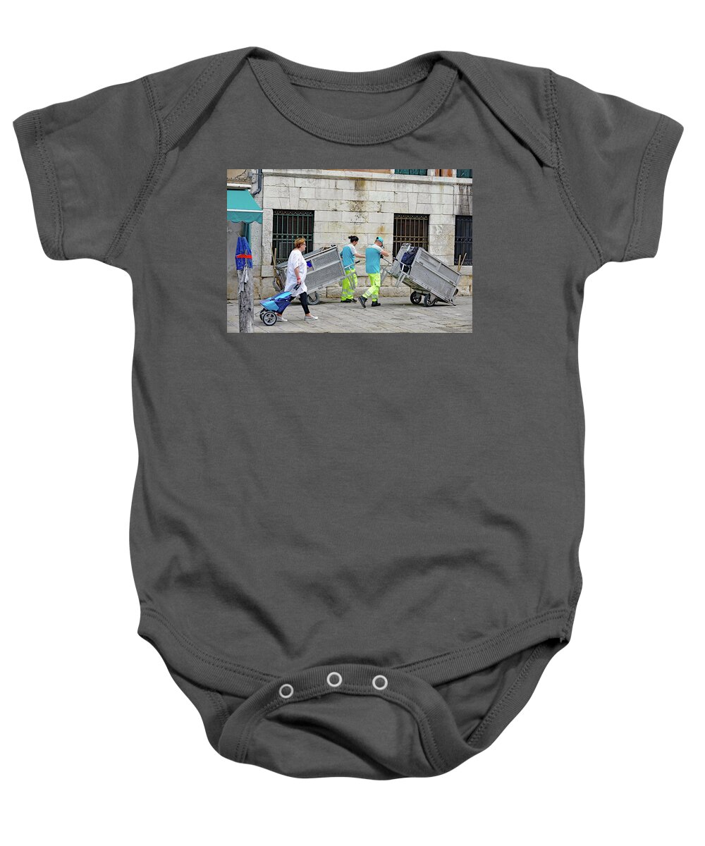 Rubbish Baby Onesie featuring the photograph Rubbish Collection Personnel In Venice, Italy by Rick Rosenshein