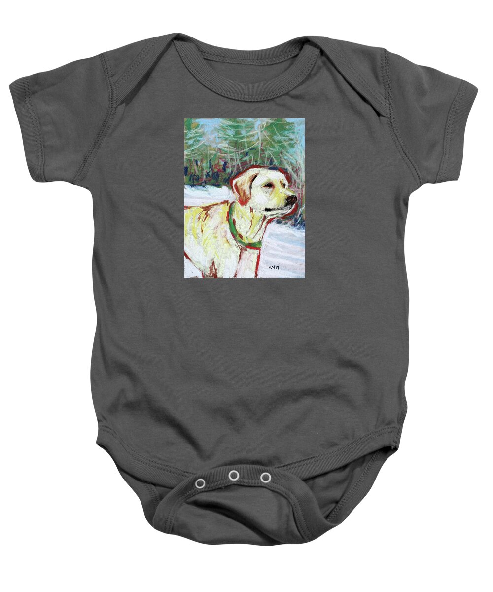 Yellow Lab Baby Onesie featuring the pastel Rudy by AnneMarie Welsh