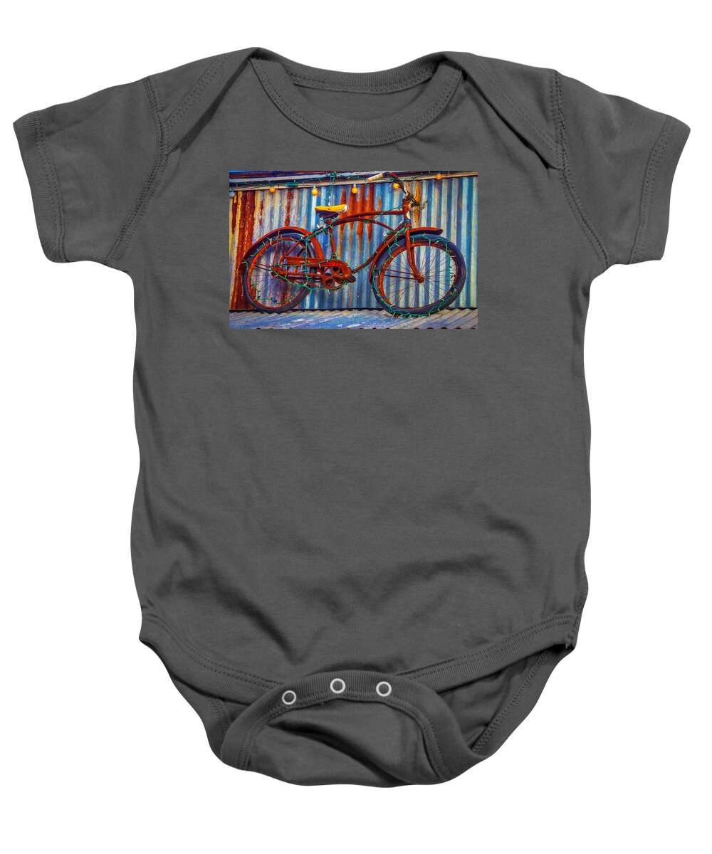 Blue Baby Onesie featuring the photograph Rusty Bike With Lights by Garry Gay