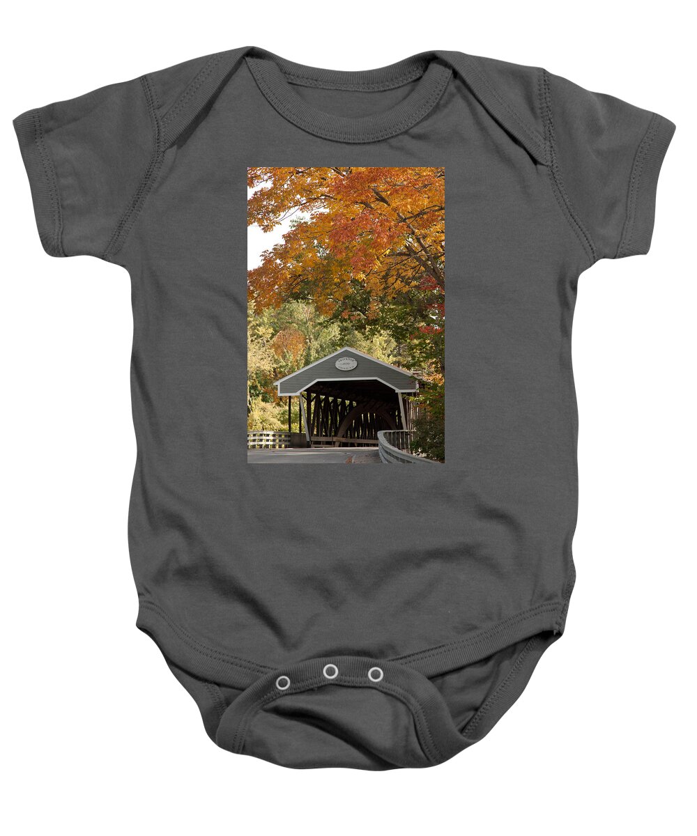  Baby Onesie featuring the photograph Saco river covered bridge under fall foliage by Jeff Folger