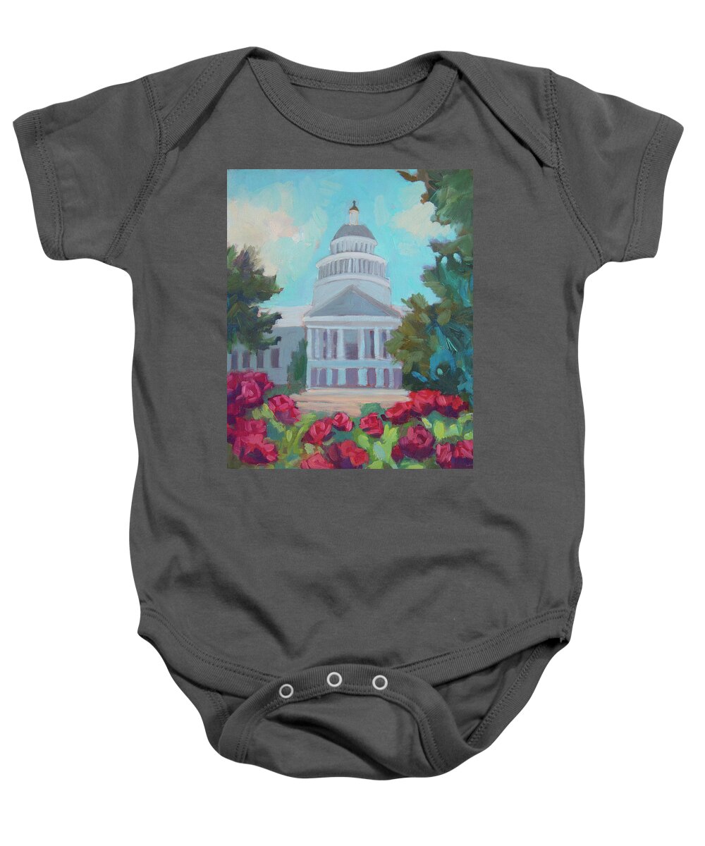 California Baby Onesie featuring the painting Sacramento Capitol and Roses by Diane McClary
