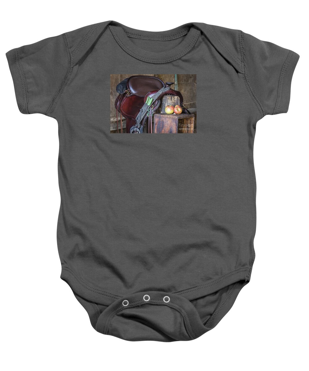 Saddle Baby Onesie featuring the photograph Saddle Time by Joann Long