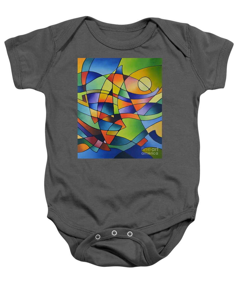 Geometric Baby Onesie featuring the painting Sailing Away, Canvas Two by Sally Trace