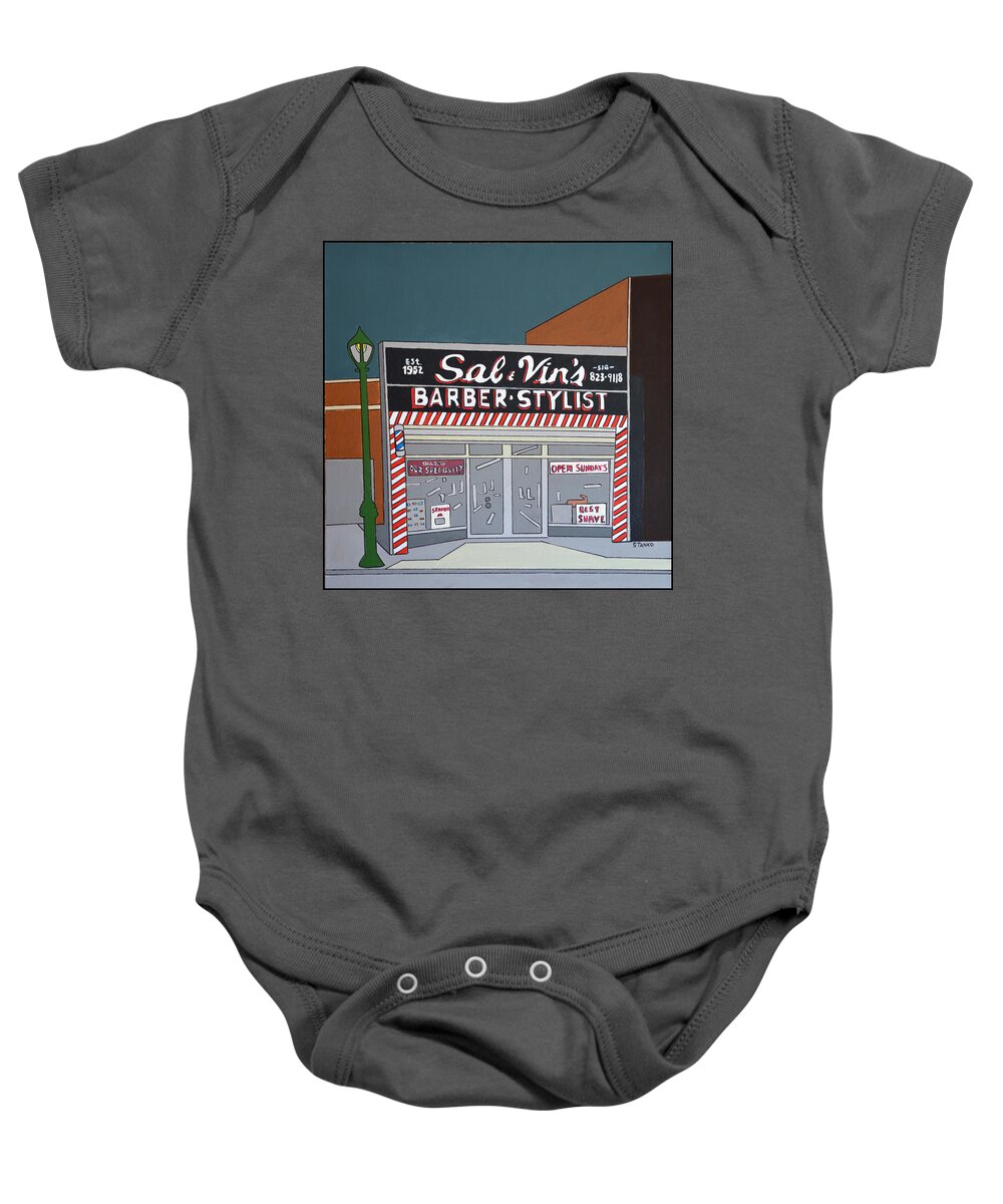 Valley Stream Baby Onesie featuring the painting Sal and Vin's by Mike Stanko