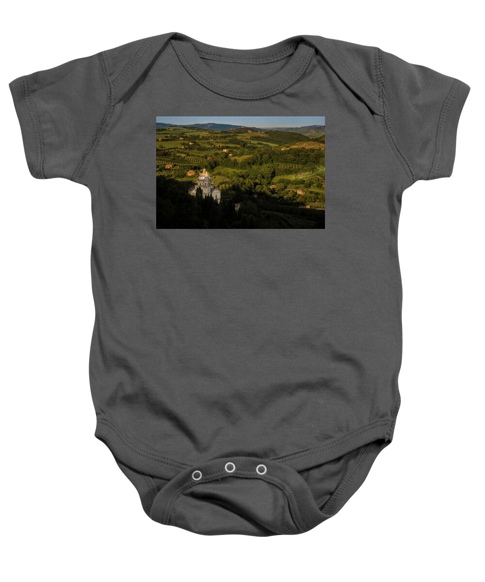 Tuscany Baby Onesie featuring the photograph San Biagio at sunrise by Wolfgang Stocker