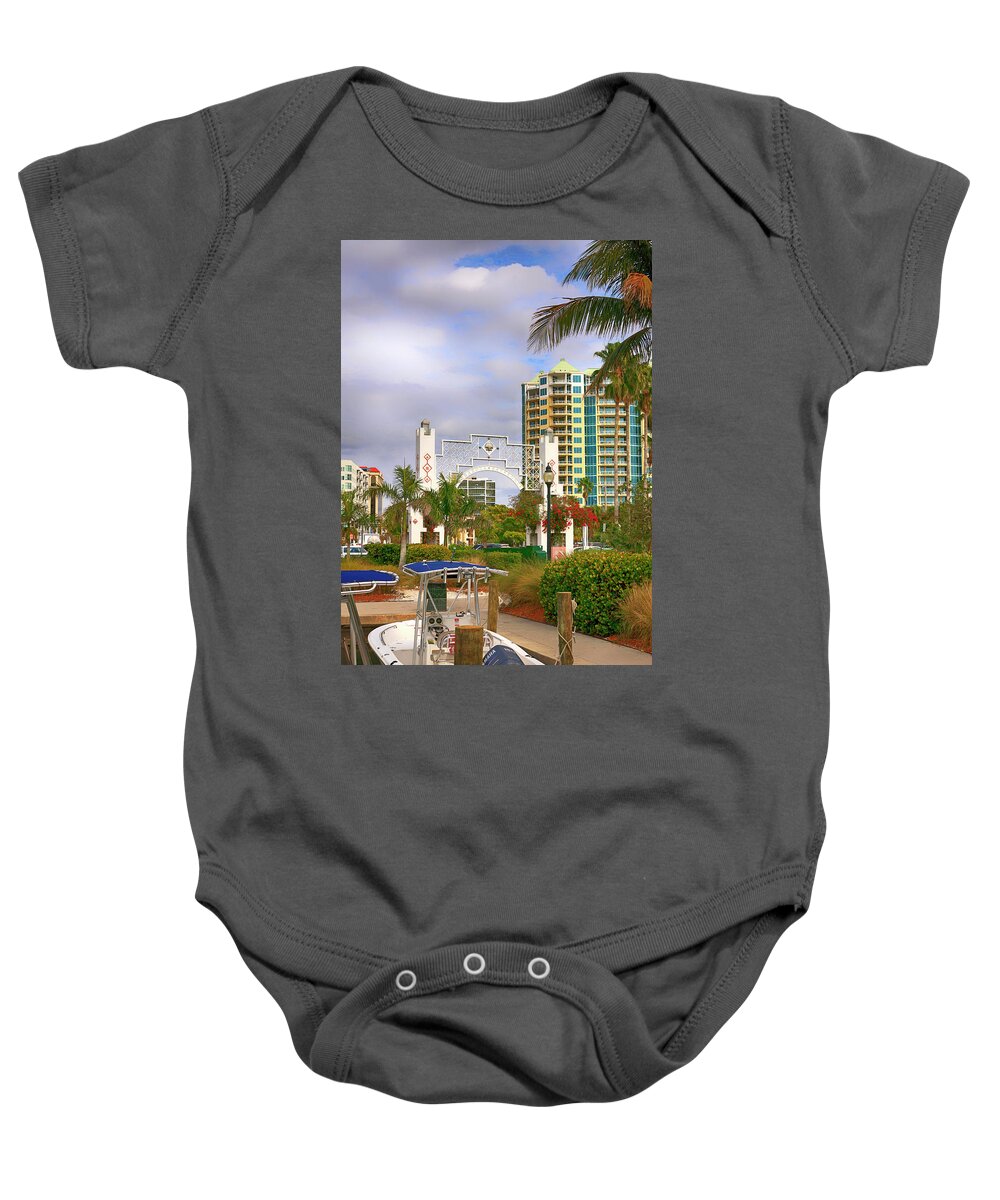 Marina Plaza Baby Onesie featuring the photograph Sarasota Marina Plaza Arch by Chris Smith