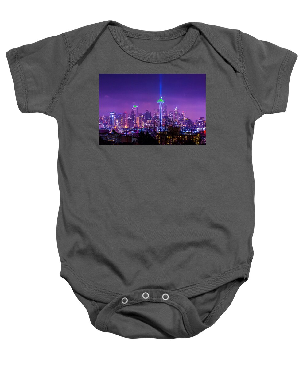 Seahowks Baby Onesie featuring the photograph Seahawks 12th flag with Space Needle by Hisao Mogi