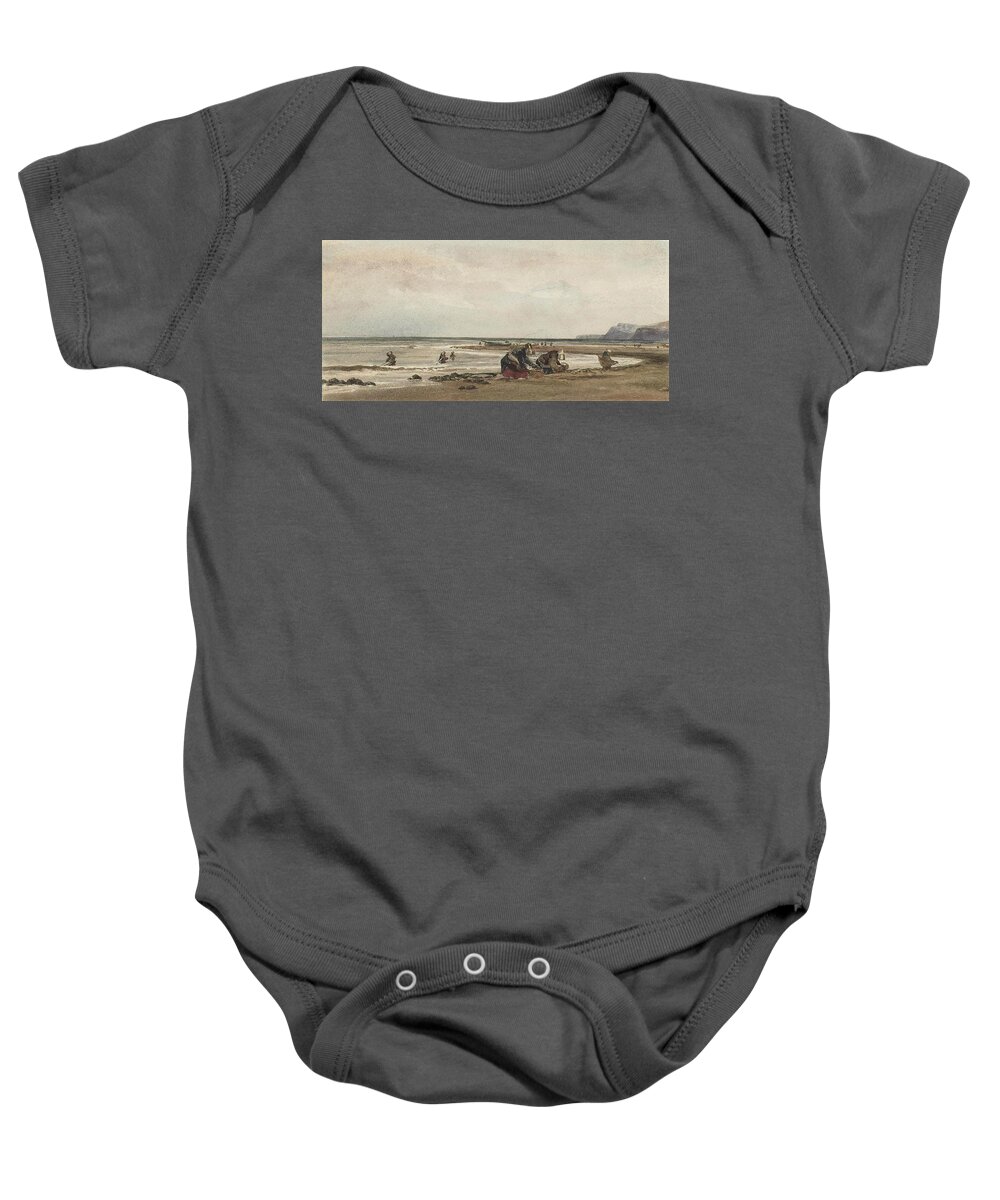 Peter De Wint Baby Onesie featuring the painting Seaweed gatherers on the shore at Redcar by MotionAge Designs
