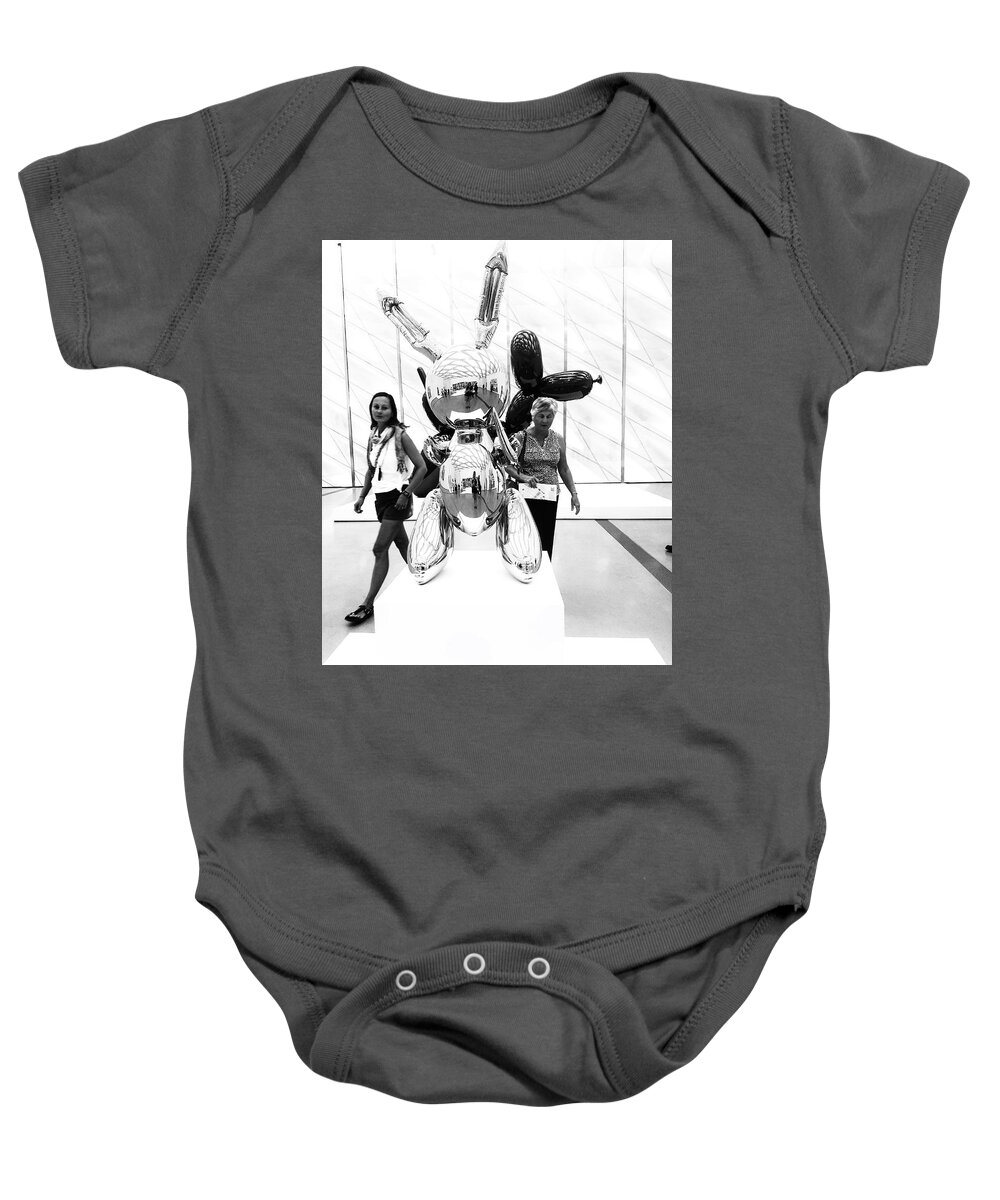 Self Baby Onesie featuring the photograph Self Portrait in Jeff Koons Mylar Rabbit Balloon Sculpture by Mary Capriole