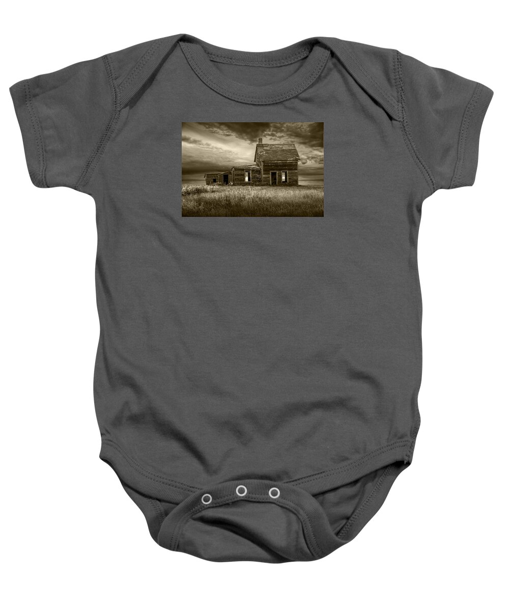 Farm Baby Onesie featuring the photograph Sepia Tone of Abandoned Prairie Farm House by Randall Nyhof