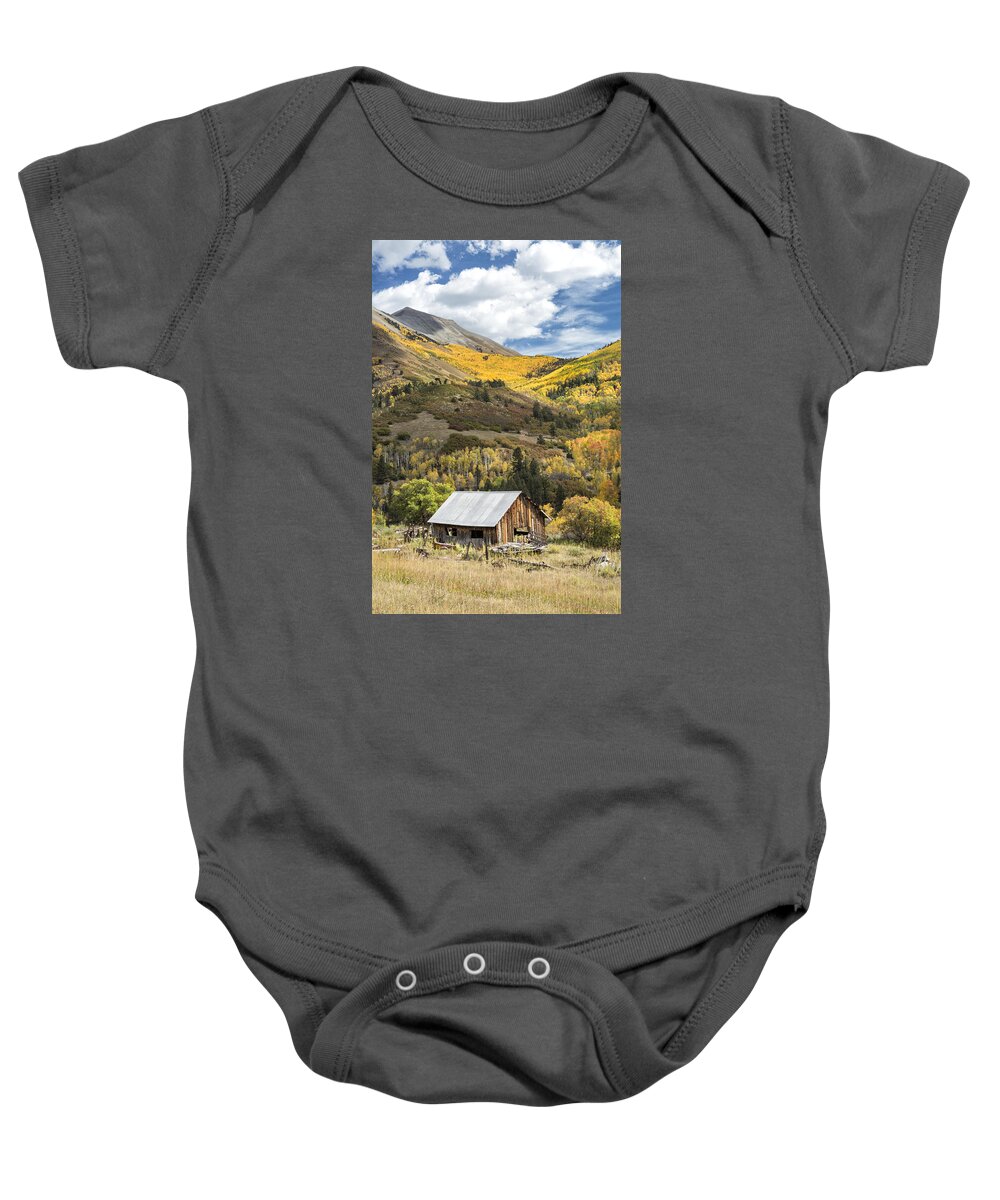 Autumn Baby Onesie featuring the photograph Shack with Relics by Denise Bush