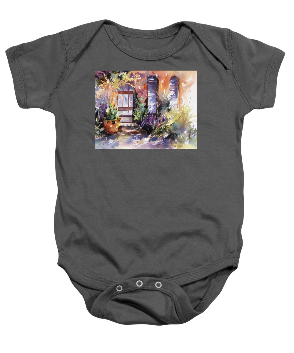 Landscape Baby Onesie featuring the painting Shadowed Welcome by Rae Andrews