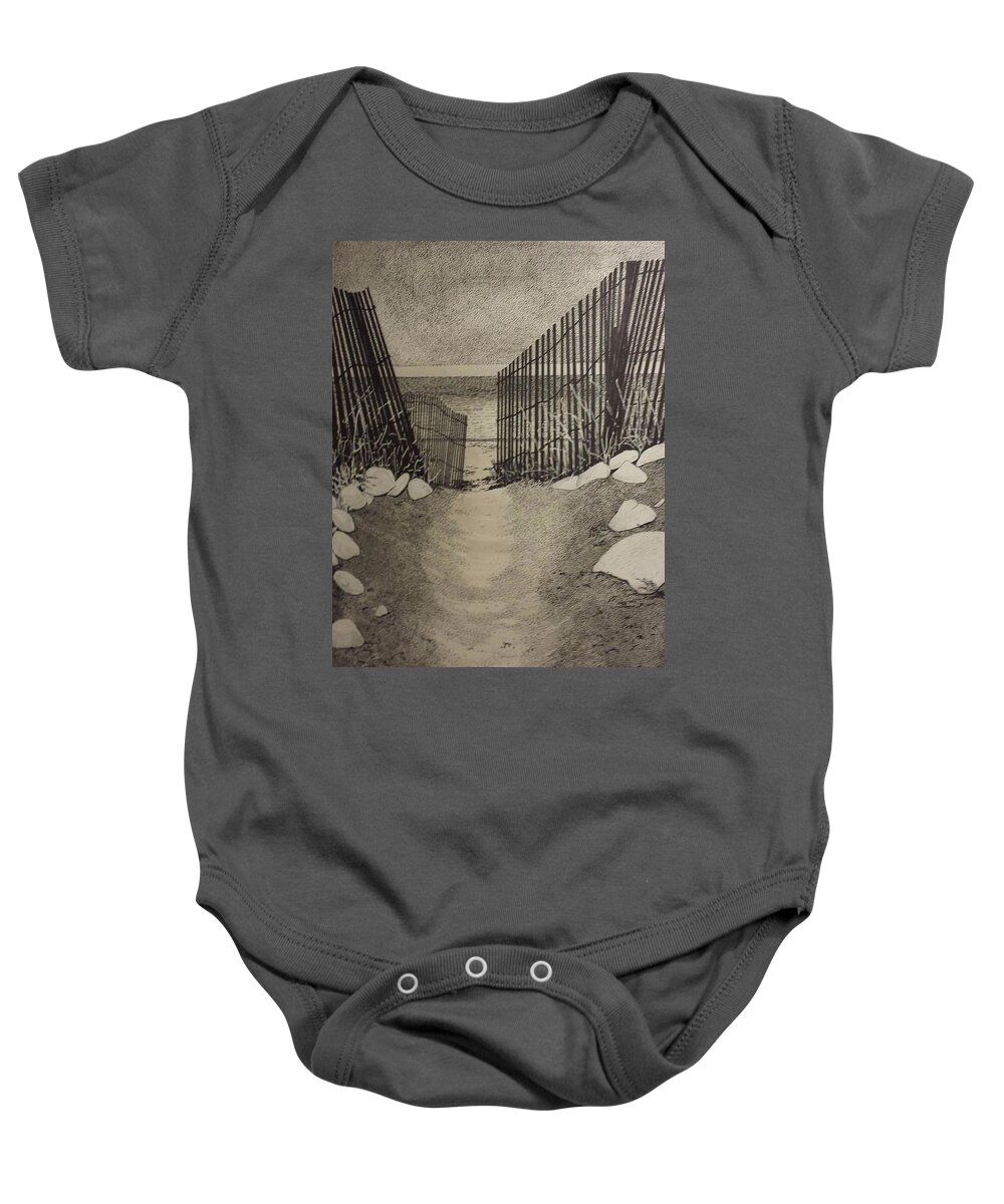 Beach Fence Shells Baby Onesie featuring the drawing Shell Path by Betsy Carlson Cross
