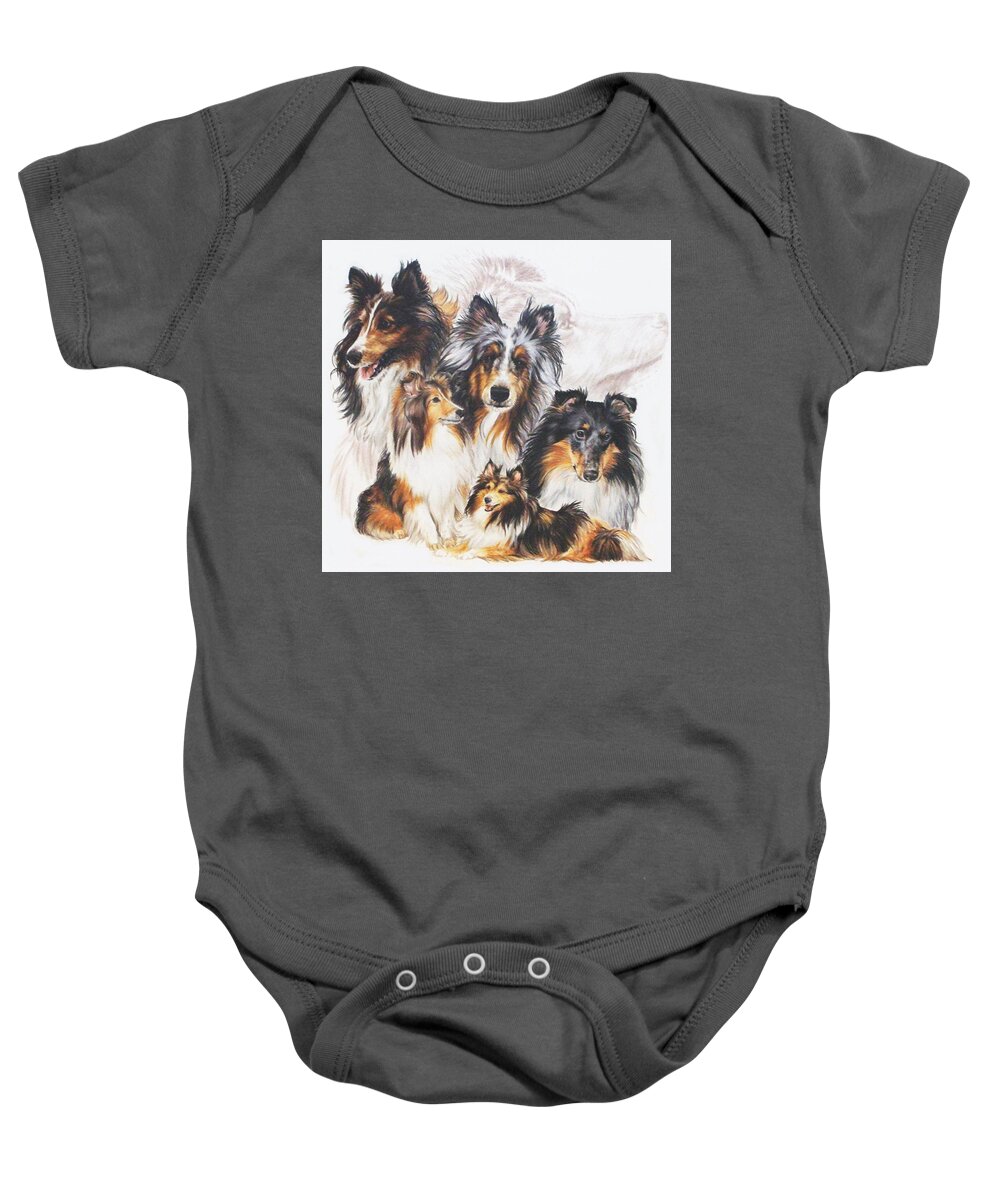 Herding Group Baby Onesie featuring the mixed media Shetland Sheepdog Grouping by Barbara Keith