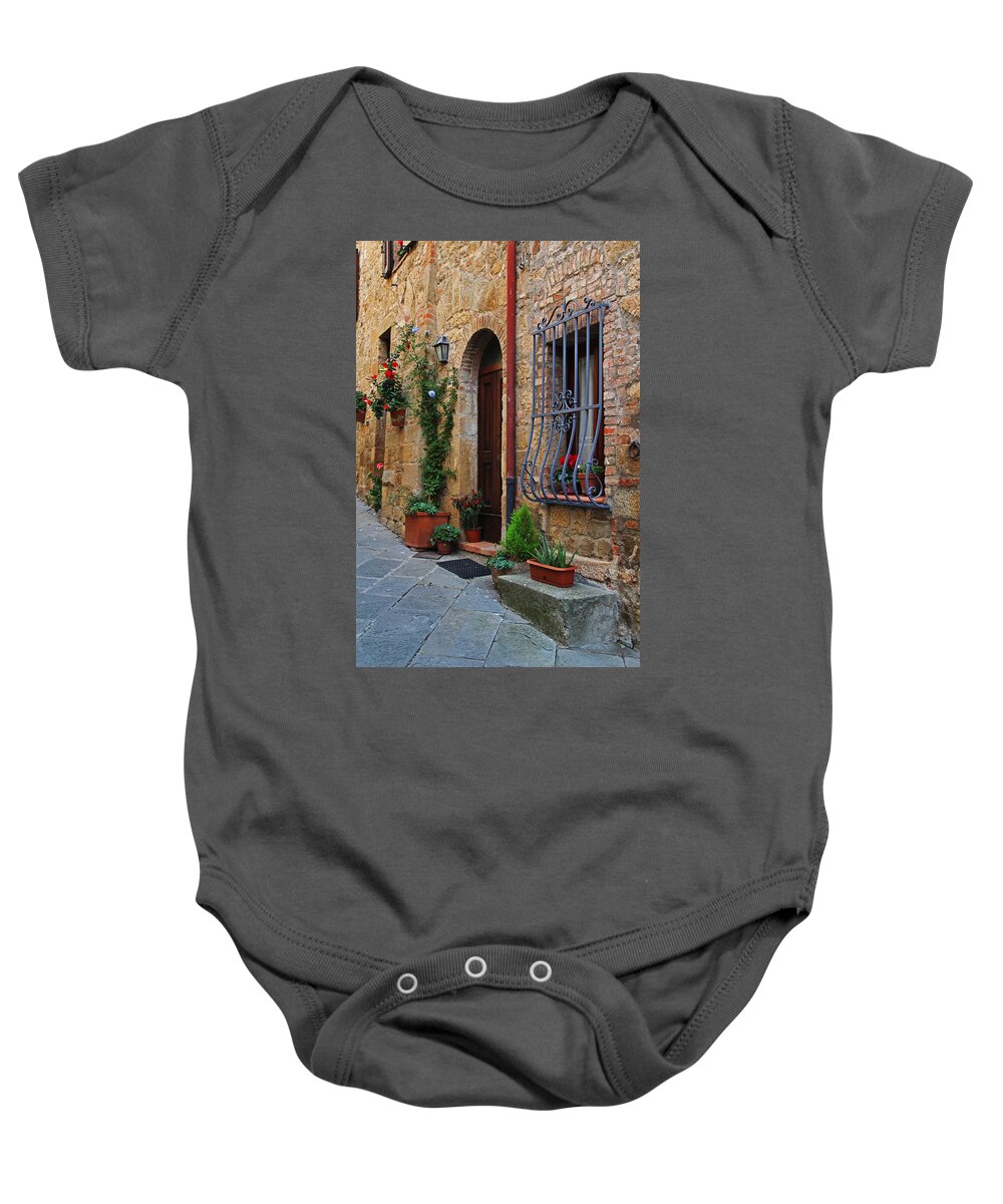 Tuscany Baby Onesie featuring the photograph Side Street in Montichiello by Greg Matchick