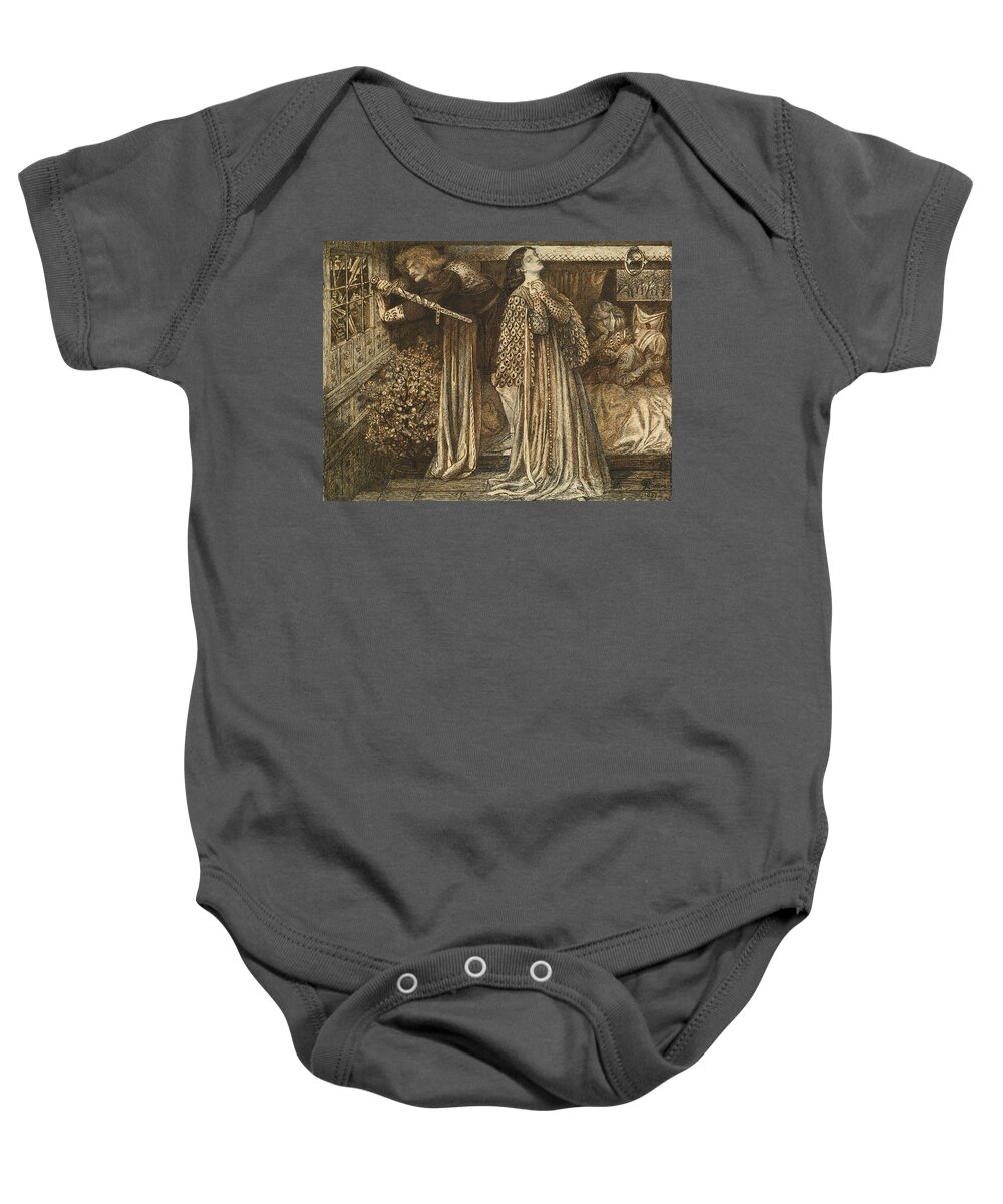 Dante Gabriel Rossetti Baby Onesie featuring the drawing Sir Launcelot in the Queen's Chamber by Dante Gabriel Rossetti