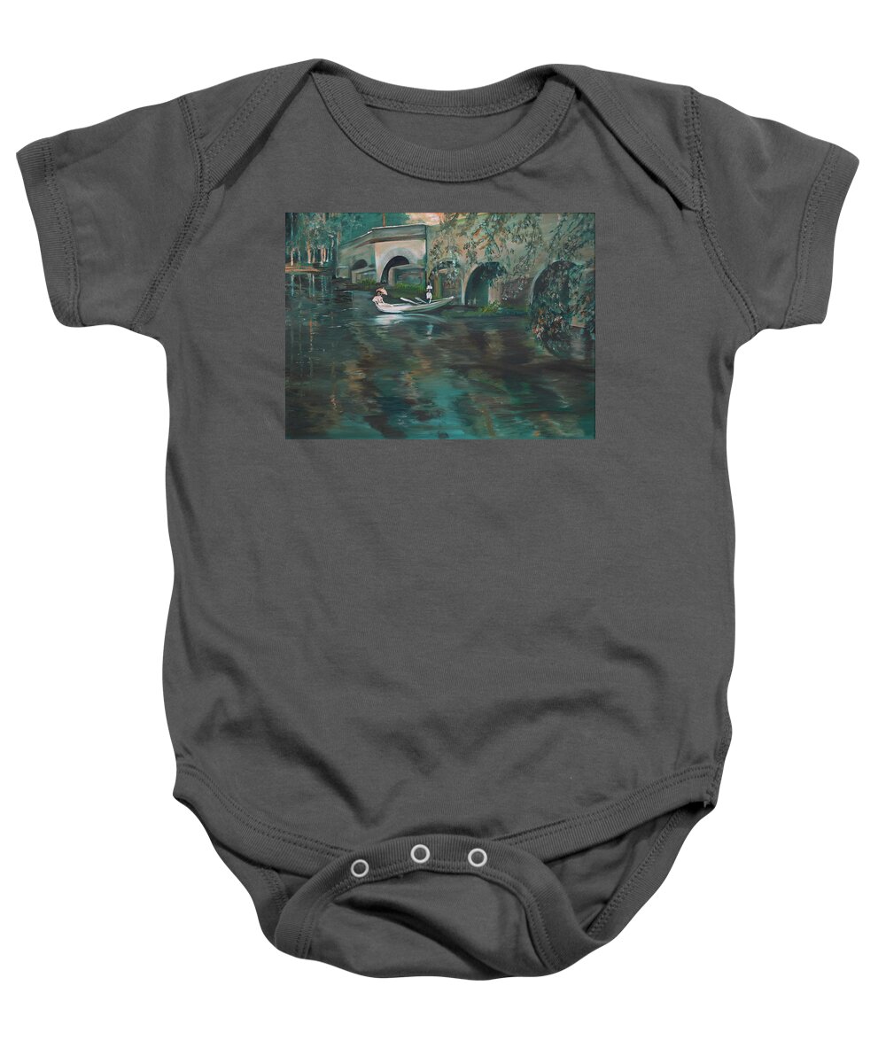 River Baby Onesie featuring the painting Slow Boat - LMJ by Ruth Kamenev