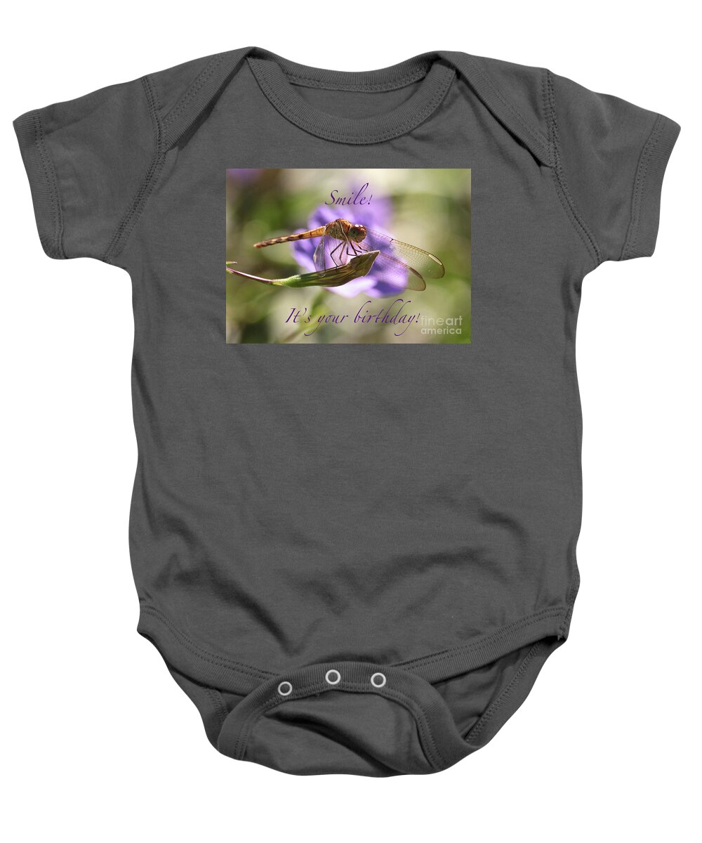 Dragonfly Baby Onesie featuring the photograph Smiling Dragonfly Birthday Card by Carol Groenen