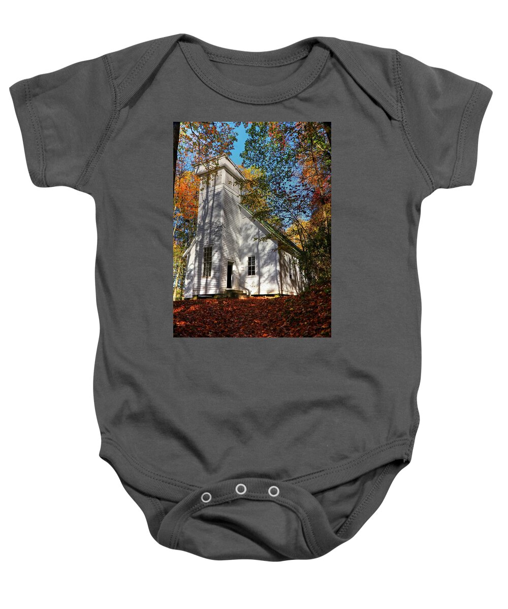 Smokemont Baptist Church In The Great Smoky Mountain National Park Baby Onesie featuring the photograph Smokemont Baptist Church In The Great Smoky Mountain National Park During Fall by Carol Montoya