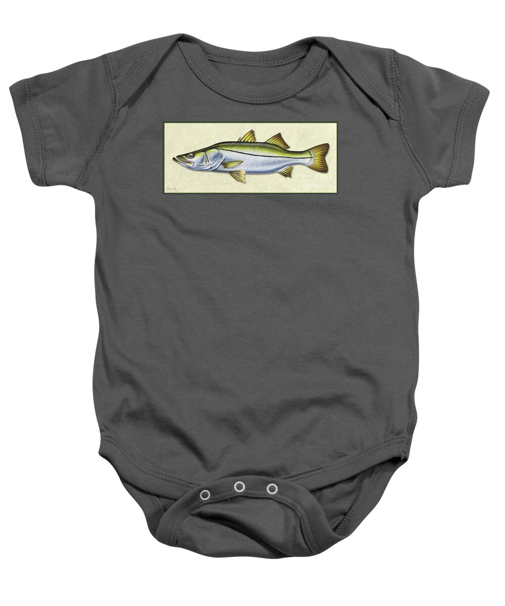 Jon Q Wright Snook Ocean Saltwater Gamefish Fishing Fish Print Fish Poster Lure Tackle Baby Onesie featuring the painting Snook ID by Jon Q Wright