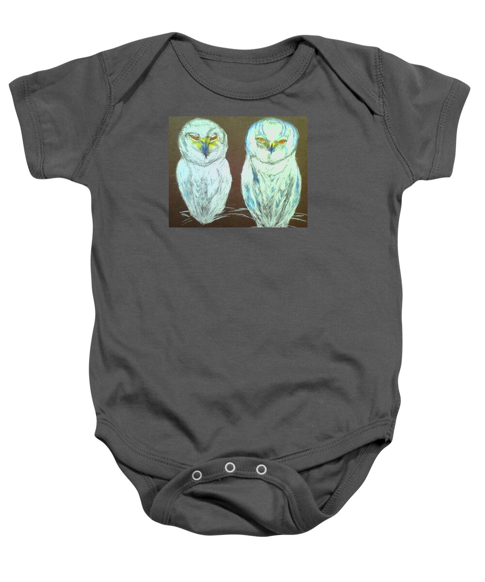 Snow Owls Baby Onesie featuring the drawing Snow Birds by Suzanne Berthier
