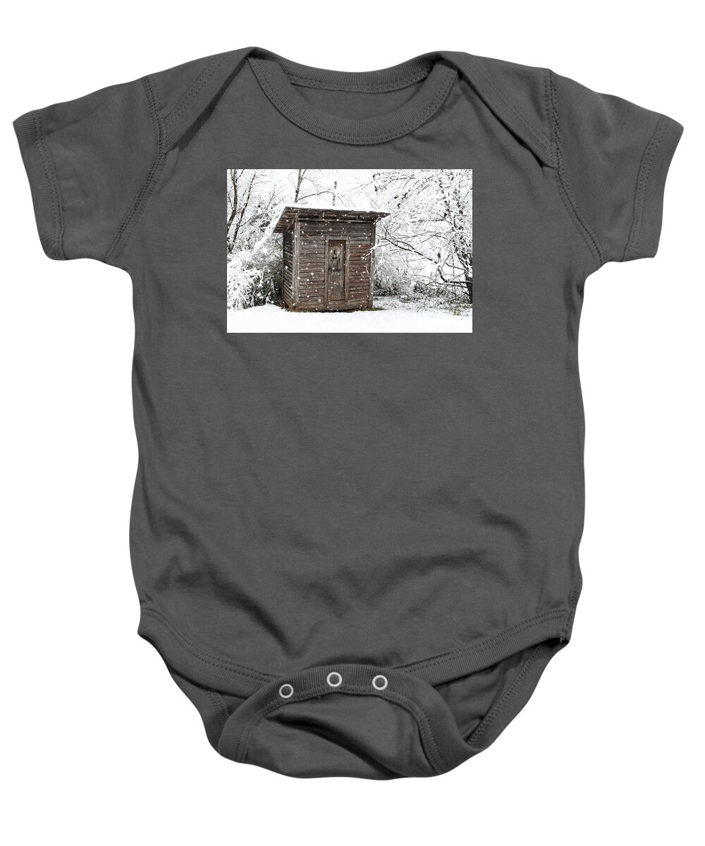 Outhouse Baby Onesie featuring the photograph Snow Covered Outhouse by Benanne Stiens