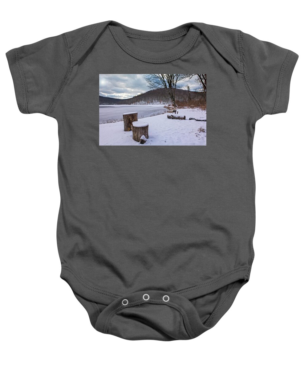 Winter Baby Onesie featuring the photograph Snow Covered Winter Stumps by Angelo Marcialis