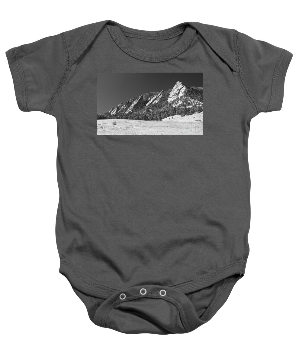 Flatirons Baby Onesie featuring the photograph Snow Dusted Flatirons Boulder CO Panorama BW by James BO Insogna