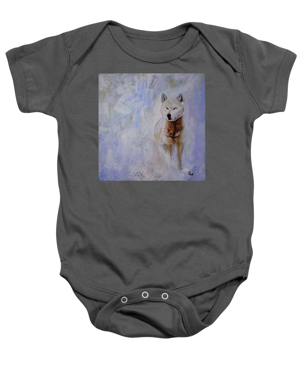 Animals Baby Onesie featuring the painting Snow Fox by Shirley Wellstead