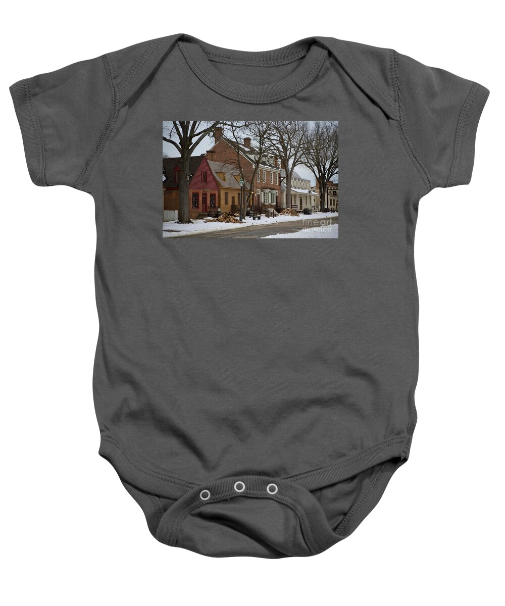 Colonial Williamsburg Baby Onesie featuring the photograph Snow in Colonial Williamsburg by Lara Morrison