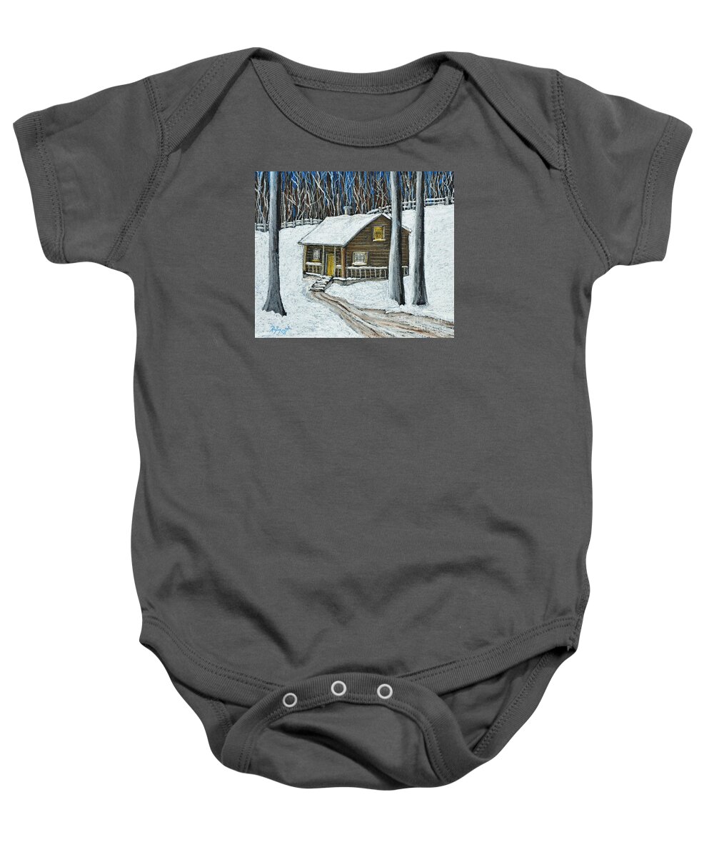 Cabins Baby Onesie featuring the pastel Snow on Cabin by Reb Frost