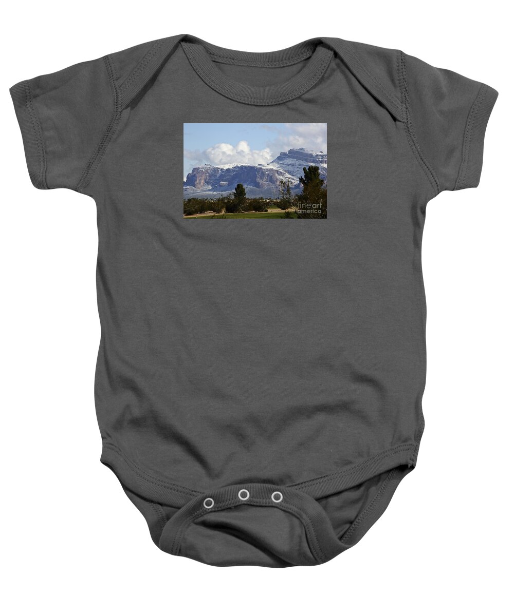 Arizona Baby Onesie featuring the photograph Snow on Superstitions by Kathy McClure
