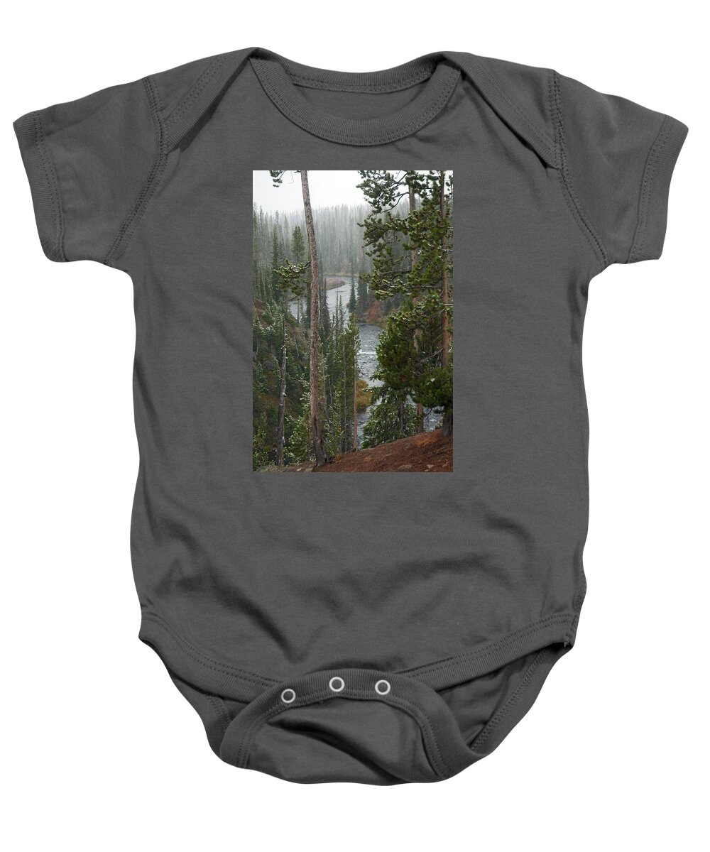 Snow Baby Onesie featuring the photograph Snow on the Yellowstone River by Gary Langley