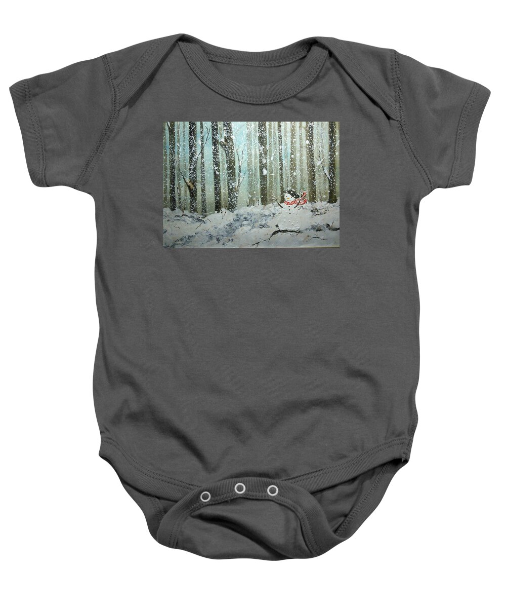  Christmas Baby Onesie featuring the painting Snowman in Blizzard by Susan Nielsen