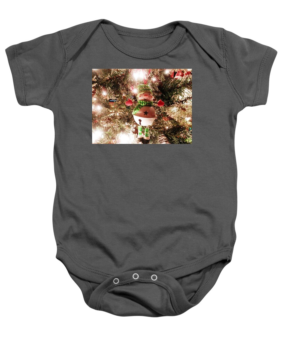 #glittering #holiday #lights And #huggable #happy #snowman Baby Onesie featuring the photograph Happy Snowman Needs a Hug by Belinda Lee