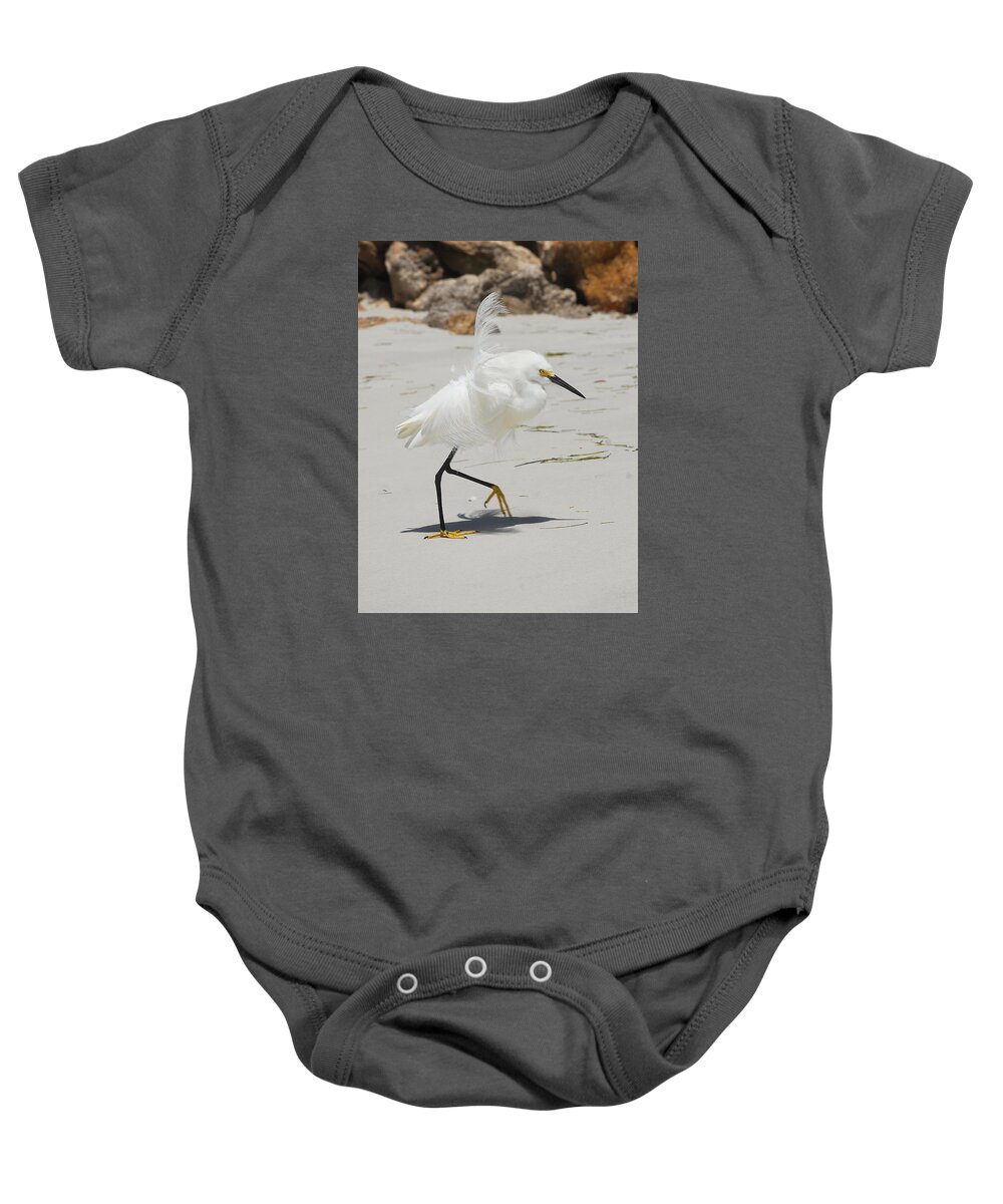 Lido Beach Baby Onesie featuring the photograph Snowy Egret 6429 Windy by Steve Somerville