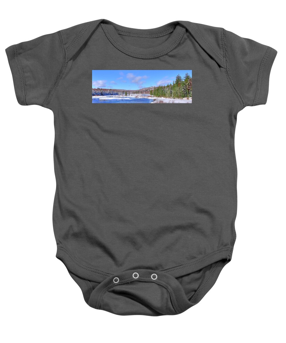 Landscapes Baby Onesie featuring the photograph Snowy Moose River Panorama by David Patterson