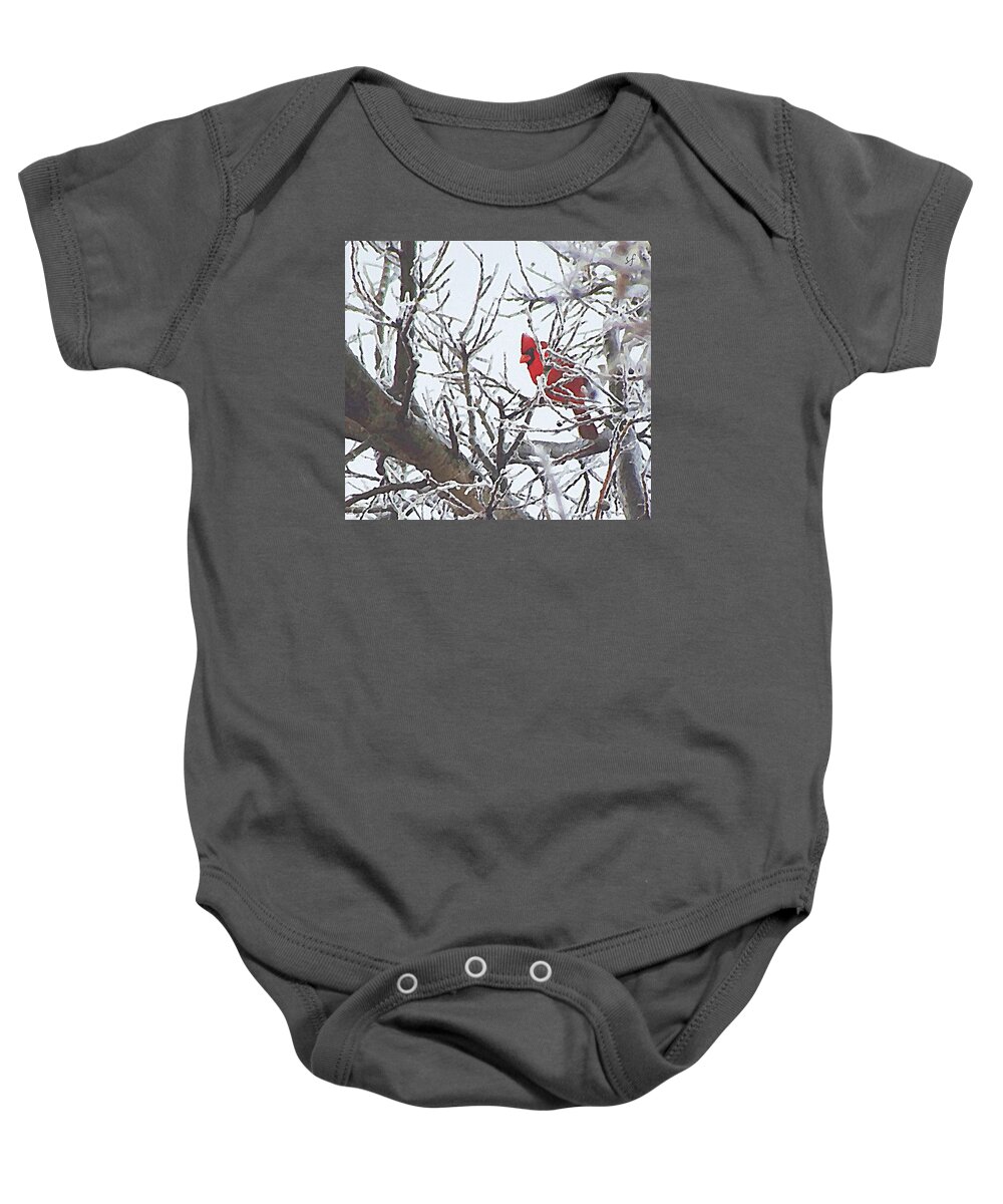 Red Bird Baby Onesie featuring the mixed media Snowy Red Bird a Cardinal in Winter by Shelli Fitzpatrick