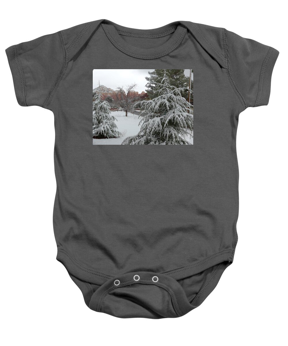 Sedona Baby Onesie featuring the photograph Snowy Sedona Red Rocks by Mars Besso